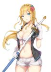  1girl blonde_hair blue_eyes blush breasts character_request cleavage collarbone eyebrows_visible_through_hair gloves highres holding holding_sheath holding_sword holding_weapon large_breasts long_hair looking_at_viewer navel parted_lips sheath solo sword unsheathing weapon white_gloves zhan_jian_shao_nyu zhudacaimiao 