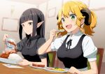  2girls :d aletta bangs black_blouse black_hair blonde_hair blouse blunt_bangs breasts closed_mouth curry curry_rice dress dutch_angle eating food gochou_(atemonai_heya) green_eyes hand_up holding holding_spoon horns indoors isekai_shokudou kuro_(isekai_shokudou) living_room long_hair medium_breasts multiple_girls open_mouth pinafore_dress pointy_ears ponytail pouring puffy_short_sleeves puffy_sleeves rice short_sleeves sidelocks smile spoon straight_hair twintails wavy_hair white_blouse 