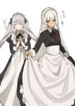  2girls absurdres altera_(fate) alternate_costume apron bangs black_dress black_nails blush closed_eyes closed_mouth dress enmaided eyebrows_visible_through_hair fate/grand_order fate_(series) grey_hair hands_together highres long_hair long_sleeves looking_away looking_to_the_side maid maid_apron maid_headdress marie_antoinette_(fate/grand_order) multiple_girls nail_polish neck_ribbon red_eyes ribbon simple_background skirt_hold smile standing teshima_nari translation_request twintails very_long_hair white_background 