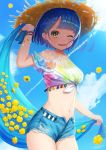  1girl ;d blue_hair blue_shorts blue_sky clouds day flower green_eyes hair_ornament hairclip hat highres midriff navel omelet_tomato one_eye_closed open_mouth original outdoors short_shorts shorts sky smile standing straw_hat sun_hat thighs unbuttoned wristband 