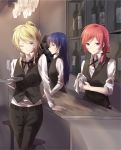  3girls ;) absurdres arm_support ayase_eli belt black_pants black_ribbon blonde_hair blue_eyes blue_hair bottle dress_shirt eyebrows_visible_through_hair hair_ribbon high_ponytail highres holding_glass indoors long_hair love_live! love_live!_school_idol_project multiple_girls neck_ribbon nishikino_maki one_eye_closed pants redhead ribbon shirt side_ponytail smile sonoda_umi standing violet_eyes walluku white_shirt yellow_eyes 