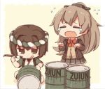  2girls brown_eyes brown_hair closed_eyes commentary_request crying drum_(container) e16a_zuiun holding hyuuga_(kantai_collection) japanese_clothes kantai_collection kata_meguma kumano_(kantai_collection) long_hair long_sleeves multiple_girls open_mouth pleated_skirt ponytail school_uniform serafuku short_hair skirt 