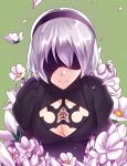  1girl absurdres blindfold cleavage_cutout closed_mouth collarbone covered_eyes facing_viewer gradient_hair green_background grey_hair hairband highres long_sleeves multicolored_hair nier_(series) nier_automata no_mole petals puffy_long_sleeves puffy_sleeves purple_flower short_hair silver_hair simple_background solo white_flower white_hair wintersteam yorha_no._2_type_b 