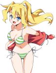  1girl bikini blonde_hair blue_eyes breasts cindy_campbell cleavage gluteal_fold green_bikini highres jacket long_hair looking_at_viewer open_mouth ponytail red_jacket running shiguko shinryaku!_ikamusume side-tie_bikini simple_background smile solo striped striped_bikini swimsuit white_background 