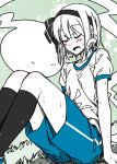  1girl alternate_costume bangs black_legwear blue_shorts blush bow closed_eyes eyebrows_visible_through_hair hair_bow kneehighs konpaku_youmu konpaku_youmu_(ghost) open_mouth partially_colored sazanami_mio shirt shoes short_hair short_sleeves shorts sitting solo sweat touhou 