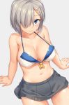  1girl arm_support bikini_top blush breasts closed_mouth collarbone commentary_request front-tie_top gogo_shichi-ji grey_background grey_skirt hair_ornament hair_over_one_eye hairclip hamakaze_(kantai_collection) kantai_collection large_breasts leaning_back looking_at_viewer miniskirt navel short_hair silver_hair simple_background sitting skirt solo 