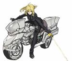  &gt;:/ 1girl :/ ahoge artoria_pendragon_(all) black_gloves black_jacket black_pants black_shirt black_shoes blonde_hair breasts business_suit closed_mouth excalibur fate/zero fate_(series) formal gloves green_eyes ground_vehicle highres holding holding_sword holding_weapon jacket long_hair long_sleeves looking_at_viewer medium_breasts motor_vehicle motorcycle pants ponytail riding saber shirt shoes simple_background sitting solo suit sword teshima_nari tuxedo weapon white_background 