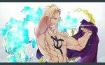  1boy abs blonde_hair blue_eyes blue_fire facial_hair fire highres letterboxed male_focus marco muscle muyukikiyoshi11521 one_piece stubble tattoo 