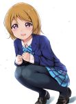  1girl :d ankoiri bangs black_legwear blazer blue_bow blue_bowtie blue_jacket blue_skirt blush bow bowtie brown_hair eyebrows_visible_through_hair highres jacket knees_on_chest koizumi_hanayo legs_together loafers long_sleeves looking_at_viewer love_live! love_live!_school_idol_project open_mouth pantyhose pink_eyes plaid plaid_skirt school_uniform shoes short_hair simple_background skirt smile solo squatting striped striped_bow striped_bowtie swept_bangs tareme violet_eyes white_background 