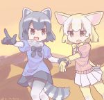  2girls :d :o animal_ears artist_name black_bow black_bowtie black_gloves black_hair blonde_hair blue_shirt bow bowtie brown_eyes colo_(frypan_soul) common_raccoon_(kemono_friends) dated evening eyebrows_visible_through_hair fennec_(kemono_friends) fox_ears fox_tail fur_collar gloves grey_hair highres holding_hand kemono_friends looking_at_another miniskirt mountain multiple_girls open_mouth outdoors pantyhose pink_sweater pleated_skirt pointing raccoon_ears raccoon_tail shirt short_hair short_sleeves skirt sky smile sweater tail white_legwear white_skirt yellow_bow yellow_bowtie yellow_gloves yellow_legwear 