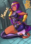  1girl ass bangs barefoot blunt_bangs bob_cut bracer breasts circlet crystal_ball dark_skin erect_nipples feet fingerless_gloves full_body gloves gorget green_eyes hand_on_hip looking_at_viewer menat neone no_shoes over-kneehighs paw_pose purple_hair shawl short_hair skin_tight skindentation small_breasts soles solo street_fighter street_fighter_v thigh-highs toeless_legwear toes unitard 