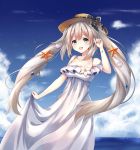  1girl absurdres bangs bare_shoulders blue_sky blush clouds cloudy_sky collarbone day dress eyebrows_visible_through_hair fate/grand_order fate_(series) grey_hair hand_up hat highres holding_dress long_hair looking_at_viewer marie_antoinette_(fate/grand_order) marie_antoinette_(swimsuit_caster)_(fate) ocean open_mouth outdoors seashell_hair_ornament sidelocks sky smile solo standing starfish_hair_ornament sun_hat tareme very_long_hair white_dress ym_(distance819) 