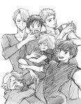  6+boys ^_^ blush christophe_giacometti closed_eyes facial_hair fang hand_holding hand_on_another&#039;s_chin hug interlocked_fingers jewelry katsuki_yuuri kitano_(uncarillon) male_focus minami_kenjirou monochrome multiple_boys open_mouth phichit_chulanont ring self_shot smile tears viktor_nikiforov yuri!!!_on_ice yuri_plisetsky 