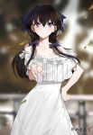  1girl bare_shoulders black_hair blue_bow blush bow breasts cleavage closed_mouth collarbone eyebrows_visible_through_hair hair_bow hentairo highres large_breasts leaf long_hair looking_at_viewer off_shoulder original sketch skirt smile solo twintails violet_eyes 