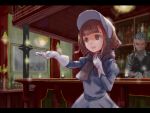  1boy 1girl bar bartender beatrice_(princess_principal) blurry blurry_background bonnet bottle brown_hair candle dress facial_hair gloves grey_dress grey_hair grey_scarf hand_up inside open_mouth outstretched_hand princess_principal shakamuni sparkle vest white_gloves 