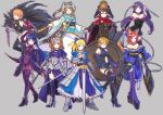  6+girls :d aqua_bow aqua_kimono arm_up armor armored_boots armored_dress artoria_pendragon_(all) ayase_eli bandage banner belt black_boots black_dress black_gloves black_hair black_hat black_legwear blonde_hair blue_bow blue_dress blue_eyes blue_hair blue_legwear bodysuit boots bow breasts breasts_apart brown_eyes brown_hair chains cleavage cosplay cosplay_request covered_navel cutout detached_sleeves dress dual_wielding elobw_gloves eyebrows_visible_through_hair facial_mark floating_hair full_body gauntlets gloves grey_background grey_gloves hair_between_eyes hair_bow hair_ribbon hand_on_hip hat high_heels high_ponytail highres holding holding_sword holding_weapon kelinch1 kiyohime_(fate/grand_order) kiyohime_(fate/grand_order)_(cosplay) long_hair looking_at_viewer love_live! love_live!_school_idol_project medium_breasts midriff military military_uniform multiple_girls navel nishikino_maki obi one_leg_raised open_mouth orange_eyes orange_hair polearm purple_hair purple_legwear red-framed_eyewear red_ribbon redhead ribbon rider rider_(cosplay) ruler_(fate/apocrypha) ruler_(fate/apocrypha)_(cosplay) saber saber_(cosplay) sash scathach_(fate/grand_order) scathach_(fate/grand_order)_(cosplay) sheath sheathed short_dress side_ponytail simple_background sleeveless sleeveless_dress smile sonoda_umi spear standing stomach strapless strapless_dress sword thigh-highs thigh_boots thighhighsarmor toujou_nozomi tube_dress twintails uniform very_long_hair violet_eyes visor_cap weapon white_background white_legwear yazawa_nico yellow_boots 