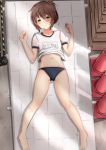  alternate_costume alternate_eye_color baretto_(karasi07) brown_hair buruma folded_ponytail gym_shirt gym_storeroom gym_uniform hair_ornament hairclip highres inazuma_(kantai_collection) kantai_collection looking_at_viewer lying mattress name_tag navel on_back red_eyes shirt sweat 