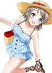  1girl :d bag bangs blue_eyes blush breasts brown_hair cleavage collar cross-laced_footwear eyebrows_visible_through_hair handbag hat highres leaning_to_the_side leg_up looking_at_viewer love_live! love_live!_sunshine!! medium_breasts open_mouth rozen5 sandals short_hair shoulder_bag simple_background smile solo straw_hat sun_hat swept_bangs watanabe_you white_background 