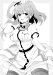  1girl :d blush breast_pocket breasts dress greyscale highres kantai_collection large_breasts long_hair monochrome open_mouth pocket remodel_(kantai_collection) rui_shi_(rayze_ray) saratoga_(kantai_collection) short_sleeves side_ponytail smile solo thigh-highs 