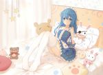  1girl blue_dress blue_eyes blue_hair darcy_(pixiv11949485) date_a_live dress eyepatch hand_puppet highres on_bed panties pantyshot puppet sitting sitting_on_bed smile stuffed_animal stuffed_toy thigh-highs underwear white_panties yoshino_(date_a_live) yoshinon 
