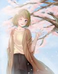  1girl blue_eyes blush brown_hair cherry_blossoms collarbone eyebrows_visible_through_hair highres idolmaster idolmaster_cinderella_girls looking_at_viewer one_eye_closed parted_lips rama_(yu-light8) short_hair smile solo takagaki_kaede 