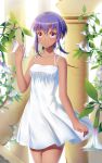  1girl assassin_(fate/prototype_fragments) bare_shoulders blush breasts closed_mouth collarbone dark_skin dress eyebrows_visible_through_hair fate/grand_order fate_(series) flower highres ji_dao_ji looking_away medium_breasts purple_hair short_hair smile solo violet_eyes white_dress 