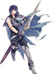  1boy armor blue_eyes blue_hair cape ebira falchion_(fire_emblem) fire_emblem fire_emblem:_kakusei fire_emblem_heroes full_body gloves highres krom male_focus official_art open_mouth short_hair solo sword torn_clothes weapon 