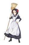  1girl apron black_boots black_eyes black_hair boots broom eyebrows forehead full_body hand_on_hip highres looking_at_viewer maid_apron official_art princess_principal princess_principal_game_of_mission solo standing toudou_chise 