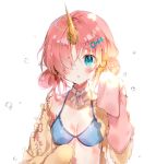  1girl :o b_rock bangs bikini blue_bikini blue_eyes blush breasts eyebrows_visible_through_hair fate/grand_order fate_(series) frankenstein&#039;s_monster_(swimsuit_saber)_(fate) hair_ornament hair_over_one_eye hands_in_sleeves horn looking_at_viewer neck_ribbon parted_lips pink_hair ribbon short_twintails simple_background small_breasts solo swimsuit tareme twintails upper_body water_drop white_background white_ribbon 