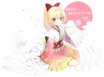  1girl 2017 akeome artist_name blonde_hair blush bow feathered_wings harpy highres monster_girl naraba_yueni new_year original ponytail red_bow red_eyes signature smile white_background wings year_of_the_rooster 
