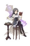  1girl black_legwear board_game book boots braid brown_boots chess chess_piece cross-laced_footwear crown_braid grey_hair highres holding holding_book jacket long_hair looking_at_viewer official_art open_book pantyhose princess_principal princess_principal_game_of_mission queen_(chess) sitting skirt solo sophie_mackenzie stool violet_eyes white_skirt 