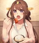  1girl ahoge alternate_costume artist_name blush bowl breasts brown_hair chopsticks collarbone commentary_request double_bun eating enosan food hairband headgear highres holding holding_bowl holding_chopsticks indoors kantai_collection kongou_(kantai_collection) long_hair long_sleeves looking_at_viewer open_mouth pink_jacket revision rice rice_bowl shirt solo upper_body violet_eyes wall white_shirt yakiniku 