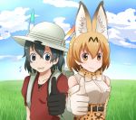  2girls animal_ears as_long_as_they&#039;re_happy_(meme) backpack bag belt black_eyes black_gloves black_hair blush bow bowtie breasts bucket_hat closed_mouth collarbone elbow_gloves eyebrows_visible_through_hair gloves hat highres kaban_(kemono_friends) kemono_friends large_breasts looking_at_viewer multiple_girls orange_bow orange_bowtie orange_eyes orange_hair orange_skirt parted_lips red_shirt saibara_(flash-dyna-1994) serval_(kemono_friends) serval_ears shirt short_hair skirt smile thumbs_up white_gloves 