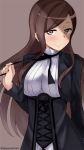  1girl arm_at_side brown_eyes brown_hair dorothy_(princess_principal) looking_at_viewer princess_principal school_uniform smile solo standing tasora untying 