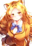  1girl absurdres animal_ears blonde_hair blush bow bowtie brown_hair drill_hair golden_tabby_tiger_(kemono_friends) highres kanzakietc kemono_friends multicolored_hair orange_hair simple_background solo tiger_ears upper_body white_background white_hair yellow_eyes 