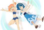  2girls :d :o armpits arms_up baggy_pants bare_arms bike_shorts blue_eyes blue_hair feet full_body green_eyes hairband highres kasumi_(pokemon) looking_at_viewer midriff multiple_girls navel nyonn24 one_leg_raised open_mouth orange_hair pants pokemon pokemon_(anime) pokemon_sm_(anime) shirt sleeveless sleeveless_shirt slippers smile sports_bra suiren_(pokemon) swimsuit swimsuit_under_clothes 