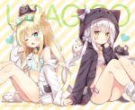  2girls :3 ;o animal animal_ears animal_hood animal_on_head bangs bell bell_choker black_cat black_choker black_hoodie blonde_hair blue_bra blue_panties blush bow bra cat cat_ears cat_girl cat_hood cat_on_head cat_tail choker cinderella_bust commentary_request diagonal-striped_background diagonal_stripes eyebrows_visible_through_hair fang frilled_bra frilled_panties frills green_bow green_eyes grey_bow hair_bow hair_ornament hairclip halter_top halterneck hand_to_own_mouth head_tilt heart highres hood hoodie hoshi_(snacherubi) interlocked_fingers intertwined_tails jingle_bell long_sleeves loose_socks low_twintails multiple_girls no_pants off_shoulder on_head one_eye_closed open_clothes open_hoodie open_mouth original panties parted_lips purple_bow purple_bra purple_panties side-tie_panties sidelocks silver_hair sitting sleeves_past_wrists socks striped striped_legwear tail tsurime twintails underwear white_bow white_cat white_choker white_hoodie yellow_eyes 