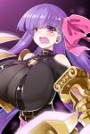  1girl bare_shoulders blush bow breasts claws fate/extra fate/extra_ccc fate/grand_order fate_(series) hair_ribbon huge_breasts long_hair o-ring open_mouth passion_lip pink_eyes purple_hair ribbon shinsekai solo tears upper_body very_long_hair 