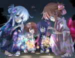  4girls :d akatsuki_(kantai_collection) alternate_hair_length alternate_hairstyle black_hair blue_kimono brown_hair fang fireworks flower folded_ponytail hair_flower hair_ornament hibiki_(kantai_collection) hizuki_yayoi ikazuchi_(kantai_collection) inazuma_(kantai_collection) japanese_clothes kantai_collection kimono long_hair multiple_girls night night_sky open_mouth revision short_hair silver_hair sky smile sparkler squatting white_kimono yukata 