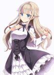  blonde_hair blue_eyes frilled_skirt frills hand_up long_hair looking_at_viewer princess princess_(princess_principal) princess_principal school_uniform skirt smile standing sumomo_(peach-breath) white_skirt 