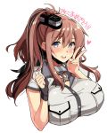  1girl :d black_gloves blush breasts brown_hair eyebrows_visible_through_hair fingerless_gloves gloves hair_between_eyes hat heart highres huge_breasts kantai_collection kekocha long_sleeves looking_at_viewer mini_hat open_mouth remodel_(kantai_collection) saratoga_(kantai_collection) side_ponytail sidelocks single_glove smile solo translation_request transparent_background upper_body v 