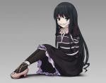  1girl black_dress black_hair black_legwear blue_eyes dress eyebrows_visible_through_hair frilled_dress frills gothic_lolita grey_background kertaspata lolita_fashion long_hair looking_at_viewer minamiya_natsuki pantyhose restrained simple_background solo strike_the_blood very_long_hair 