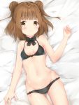  1girl beatrice_(princess_principal) black_bow black_panties blush bow bra breasts brown_eyes brown_hair dgle3370 double_bun frown groin highres looking_at_viewer lying navel on_back original panties princess_principal shiny shiny_skin small_breasts solo underwear 