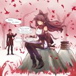  1boy 1girl adam_taurus black_hair blake_belladonna book bow english engrish gambol_shroud hair_bow highres iesupa leaves_in_wind pile_of_books ranguage rwby speech_bubble sweatdrop yellow_eyes 