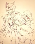  1girl crossover kotoyama monochrome ponytail ribbon rockman rockman_(classic) rockman_x roll 