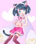  1girl animal_ears bell black_hair blush breasts brown_legwear cat_ears cat_tail cleavage cleavage_cutout curly_hair cyan_(show_by_rock!!) green_eyes highres kyuuri_(miyako) open_mouth pink_skirt pleated_skirt sailor_collar show_by_rock!! skirt smile solo tail thigh-highs 