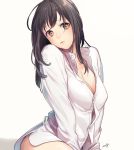  1girl amg_(nwmnmllf) artist_name between_legs breasts brown_eyes brown_hair cleavage closed_mouth dress_shirt hand_between_legs large_breasts lips long_hair looking_at_viewer naked_shirt original partially_unbuttoned shirt simple_background sitting solo yellow_background 