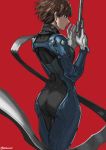  &gt;:( 1girl artist_name ass biker_clothes bikesuit bodysuit brown_hair closed_mouth cowboy_shot from_behind gloves gun handgun hands_up highres holding holding_gun holding_weapon imdsound looking_at_viewer looking_back niijima_makoto persona persona_5 red_background red_eyes revolver scarf short_hair side_glance simple_background solo standing weapon 