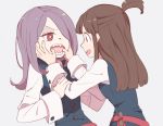  &gt;:0 2girls :0 :d angry annoyed arm_grab brown_hair face-to-face female friends hair_over_one_eye kagari_atsuko lavender_hair little_witch_academia long_hair long_sleeves mouth_pull multiple_girls one_side_up open_mouth red_eyes round_teeth school_uniform sharp_teeth smile sou_(tuhut) sucy_manbavaran teeth witch 