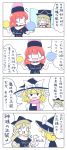  3girls 4koma black_hat black_skirt blonde_hair blush_stickers bouncing_breasts bow breasts clothes_writing comic commentary_request cosplay door hat hat_bow hecatia_lapislazuli hecatia_lapislazuli_(cosplay) highres itatatata kirisame_marisa matara_okina multiple_girls off-shoulder_shirt pink_scarf polos_crown redhead scarf shirt skirt smile sweatdrop t-shirt touhou translation_request white_bow witch_hat |_| 